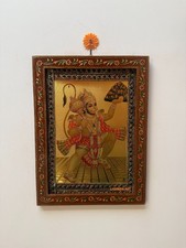 Vintage Hanuman Image : Dieu Hindou Peints à la Main en Bois Mural Décor Cadre -