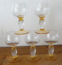 5 Anciens Verres à Vin Theresienthal Pieroth Romër Pied Jaune et Torsadé Gravés