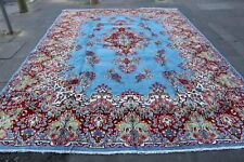 Vintage Main Fabriqué Traditionnel Oriental Laine Bleu Rouge Grand Long Moquette
