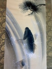 TABLEAU JAPONAIS ROULEAU SUSPENDU JAPAN CARP CASCADE VINTAGE ANTIQUE PICTURE ...