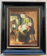 Tableau Luciano Gaston Faraoni Portrait Femme Enfant Bébé Lampe à Huile Vache