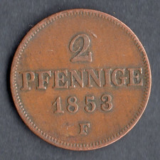 QUALITE : MONNAIE DE 2 PFENNIGE EN BRONZE DE SAXE DE 1853 F @ ETAT ALLEMAND !!