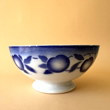 Ancien bol bleu et blanc faïence - décor fruits pochoir