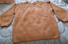 PULL RAZ DU COU MOUTARDE CLAIR GARNITURE PERLEE, HEINE TAILLE 46-48, ETAT NEUF