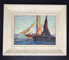 BATEAUX DE PECHE signé BISSINGER Marine bretagne mer tableau peinture antique