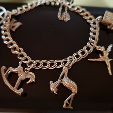 Gourmette Vintage 6 Breloques 2 animées Argent Sterling  Birmingham 1978 18,5 cm