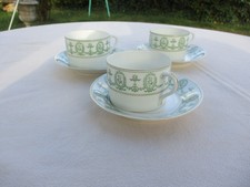 TROIS TASSES CAFE THE CHOCOLAT EN PORCELAINE FINE 19ème VERT&BLANC NOEUDS L. XVI