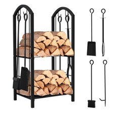 VOUNOT Porte buches cheminee avec 4 outils en metal noir