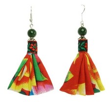 Boucles D'oreilles femme Tissu Coton Rouge Motifs Vert Jaune Perle Pierre Verte