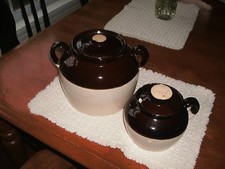 Vintage STONEWARE BEAN POTS-1-Double Handle Brown Beige, 1 single. Stamped USA