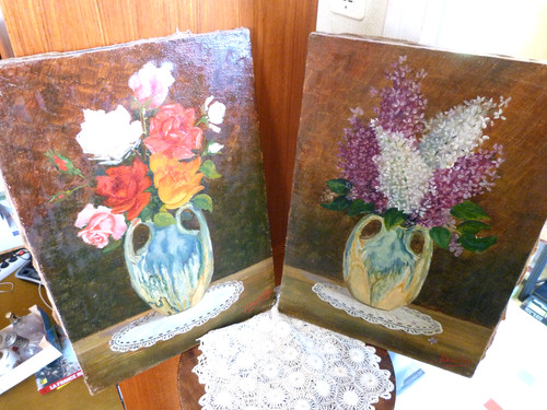 Pair hst paintings flowers - pair,