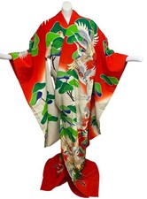 Kimono japonais Furisode L grues rouges et crème volant parmi les branches de...