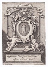 Exlibris Geoffroy Médecin Pharmacien Paris Médecine Blason Bookplate Gravure 17E
