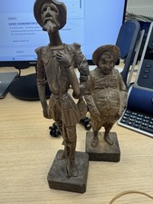 Statues bois Don Quichotte & Sancho Panza sculptées main vintage Espagne déco