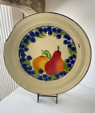 ancien Grand plateau tole Émail décor Fruits Poire Pomme Myrtille Cuisine Déco