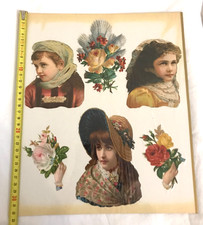6 Anciens et grands découpis chromos thème jeune fille fleurs en costume XIXème