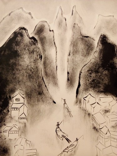 Dessin estampe encre village - dessin,