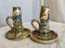 Paire de BOUGEOIRS Terre Vernissée Jaspée POTERIE Provence Art Populaire