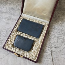 Ecrin Nécessaire avec Porte Monnaie Porte Carte Cuir Bleu Stylo Fin XIXè 