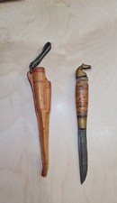 Vintage Horse Head Puukko Knife, lather scabbard, Made In Finland (1940s)