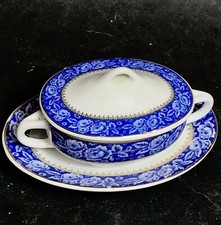 SOUPIERE +PLATEAU MINIATURE Décor Roses Bleues Dinette PORCELAINE VITRINE N°20