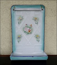 ANCIEN PORTE LOUCHES USTENSILES TÔLE ÉMAILLÉE DECOR FLORAL AUX ROSES JAPY 1920