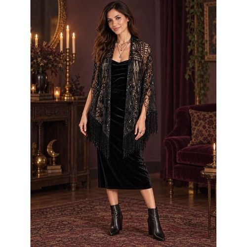 Black sequin beaded fringe - sequin,