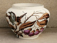 Cache pot barbotine flanelle WASMUEL décor émail fruit oiseau bird vase majolica