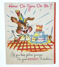 Vintage 1950s Birthday Card - Forget Me Not - Bunny Rabbit Bus Stop Cake Baby