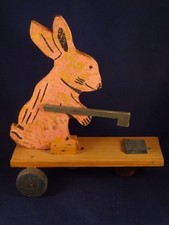 Ancien rare jouet bois à tirer lapin jardinier style Benjamin Rabier années 30 