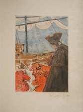 Alain BONNEFOIT : Au port, Embarquement sur un voilier, Gravure originale signée