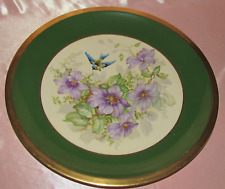 Grand plat ancien porcelaine Limoges vert à décor peint fleurs oiseau mésange