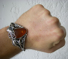 22gr manchette jonc Argent MASSIF et ambre scandinave ou tchécoslovaque ? N°67