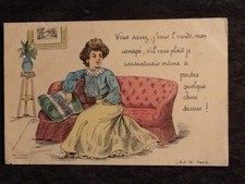 ATTENTION CARTE DECOLLEE HUMOUR JE VOUS L'VENDS CANAPE ... 1 COIN ABIME 28297