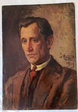 TABLEAU XX EME HSP PORTRAIT HOMME A LA CRAVATE ROUGE SIGNE JULES AUSSET