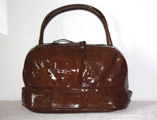 FRANCESCO BIASIA Grand Sac Cuir Vernis Souple Marron Epaule TBE