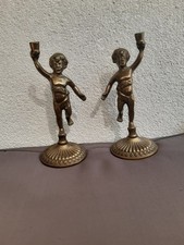 Antique Paire De Candélabres Angelots En Laiton Représentant Des Putti - Vintage