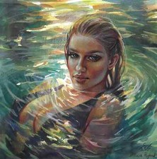 jeune fille NAGEANT nue  , Peinture originale 30 x 30 aquarelle, pastel NUDE AKT