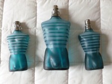 3 FLACONS VIDES JEAN PAUL GAULTIER VERRE DEPOLI BLEU MARINIERE 200 ml ET 75 ml