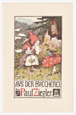 Exlibris Walter Ziegler Nain Art Nouveau Amanite Chouette Lithographie Couleur