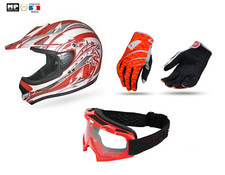 CASQUE CROSS Rouge/BLANC L Homologué + lunette  Rouge + gants Rouge