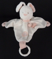 DC1. DOUDOU PLAT BABYSUN LAPIN rose blanc anneau blanc rond attache tétine  TTBE