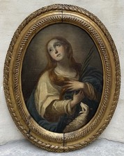 Tableau Ancien Portrait de Sainte Agnès Martyre Vierge Peinture Religieuse 17ème