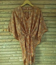 Pure Soie Robe Tunique Caftan Midi Caftan Femme Haut Imprimé Marron KFNM1205