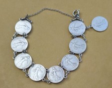 Bracelet de 9 Pièces 50 Cts Francs Semeuse 1908 à 1917 en Argent Massif. Bijoux 