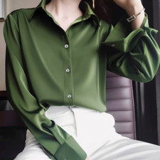 Femme Faux Soyeux Chemise Satin Drapé Grande Taille Long Manche Chemisier Haut