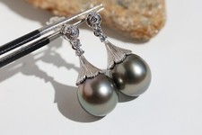 boucles d'oreilles argent perles noires de Tahiti véritables naturelles dia 10mm