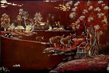 Panneau Vietnam en laque rouge,coquille d’œuf,rehauts d'or et argent, Thanh Lap