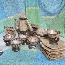 Vallauris Pottery Coffee Set Vintage Organic Wood Drip glaze Brown 20 Pc