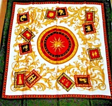 * ITALIAN SHINY SILK SCARF * ZODIACAL SIGNS * BLACK - RED - WHITE - GOLD * New